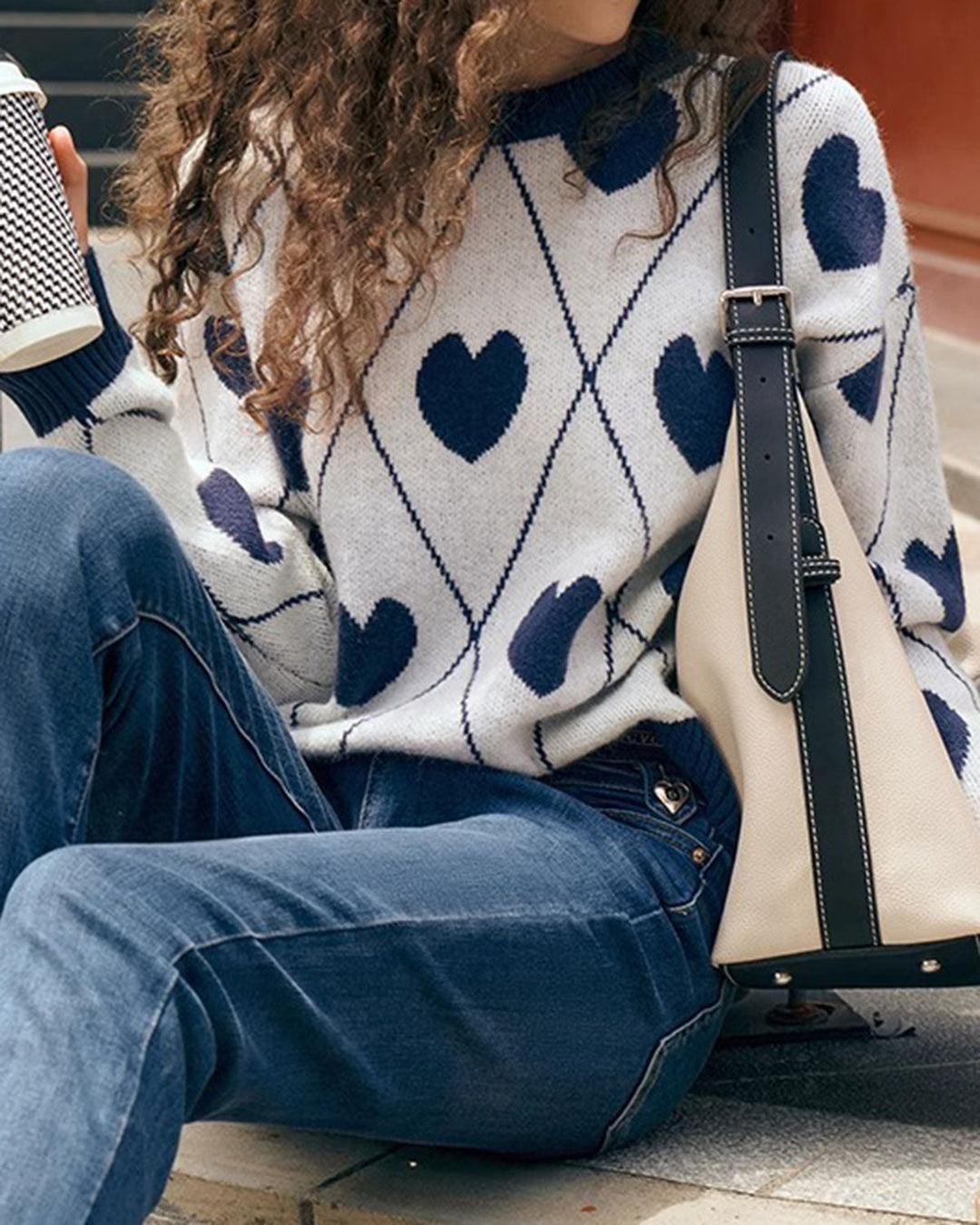 SALE | Blue Round Neck Heart Print Sweater