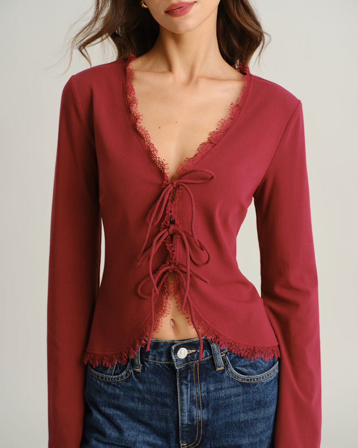 SALE | Red V-neck cardigan with sleeve opening