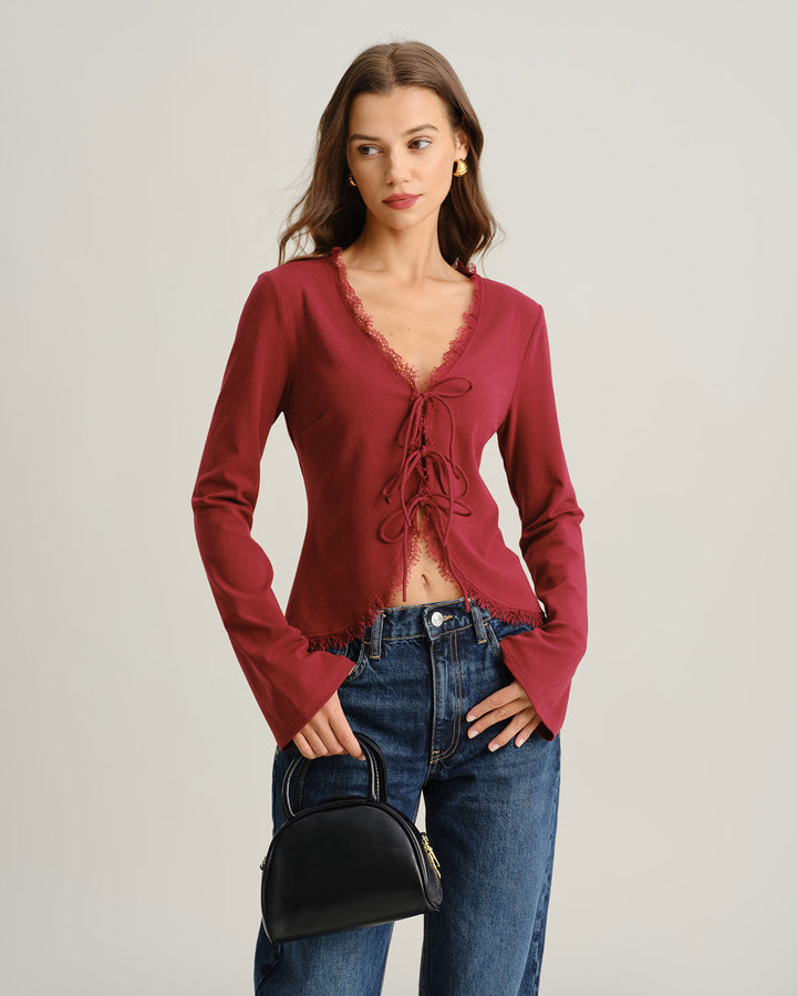 SALE | Red V-neck cardigan with sleeve opening