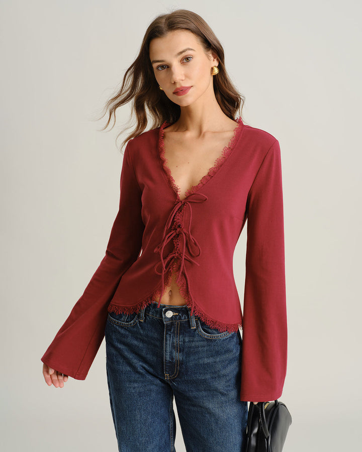 SALE | Red V-neck cardigan with sleeve opening