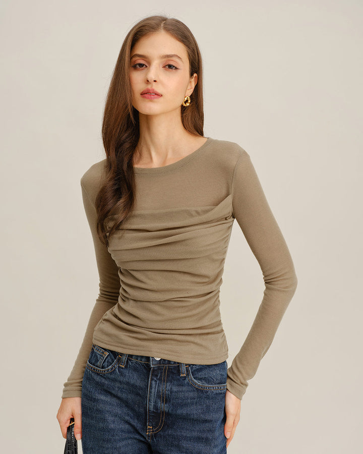 SALE | Khaki Knit Round Neck Ruched Tee
