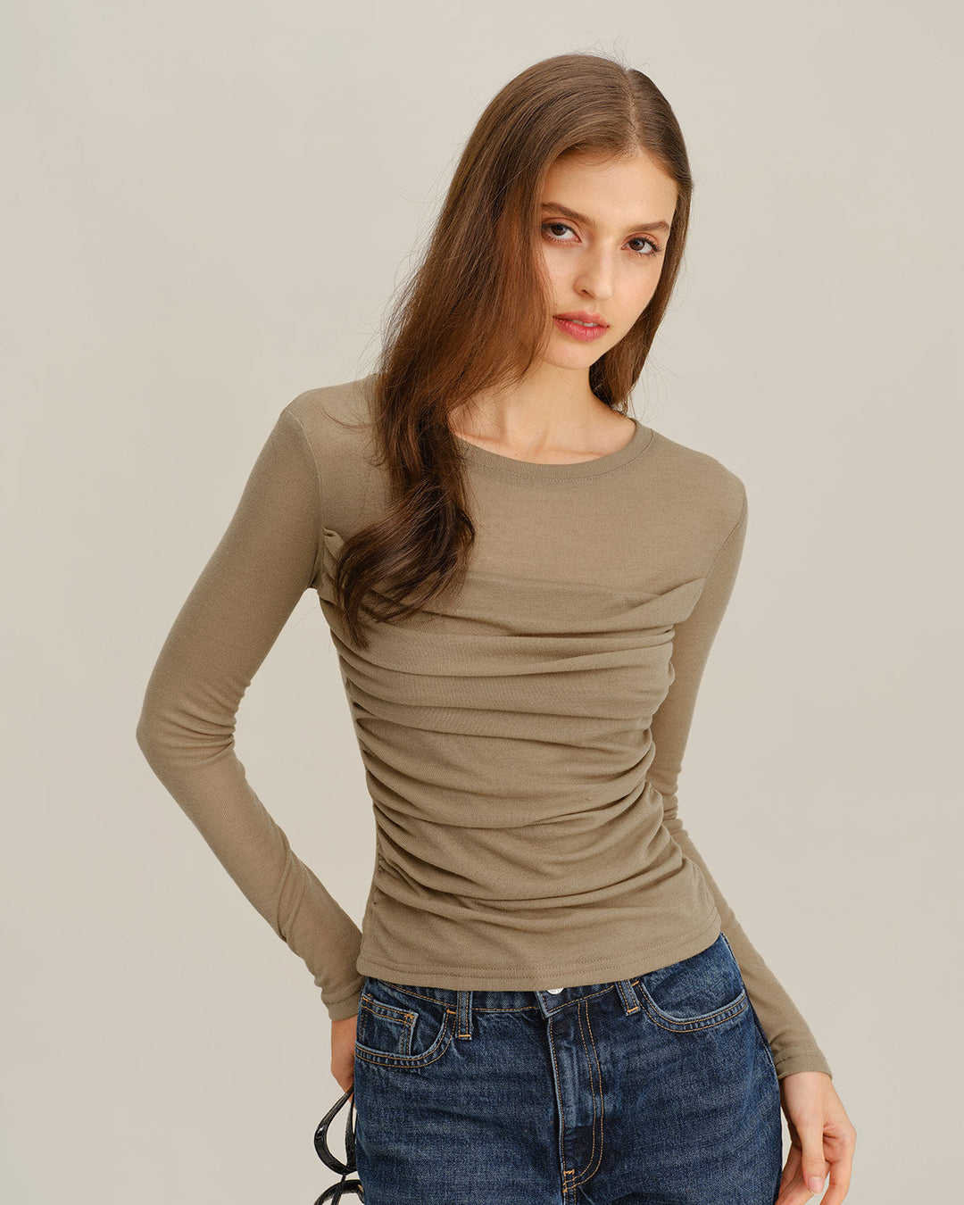 SALE | Khaki Knit Round Neck Ruched Tee