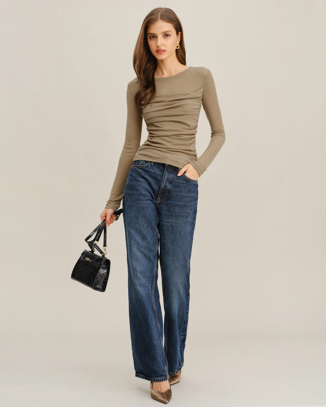 SALE | Khaki Knit Round Neck Ruched Tee
