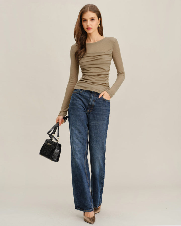 SALE | Khaki Knit Round Neck Ruched Tee