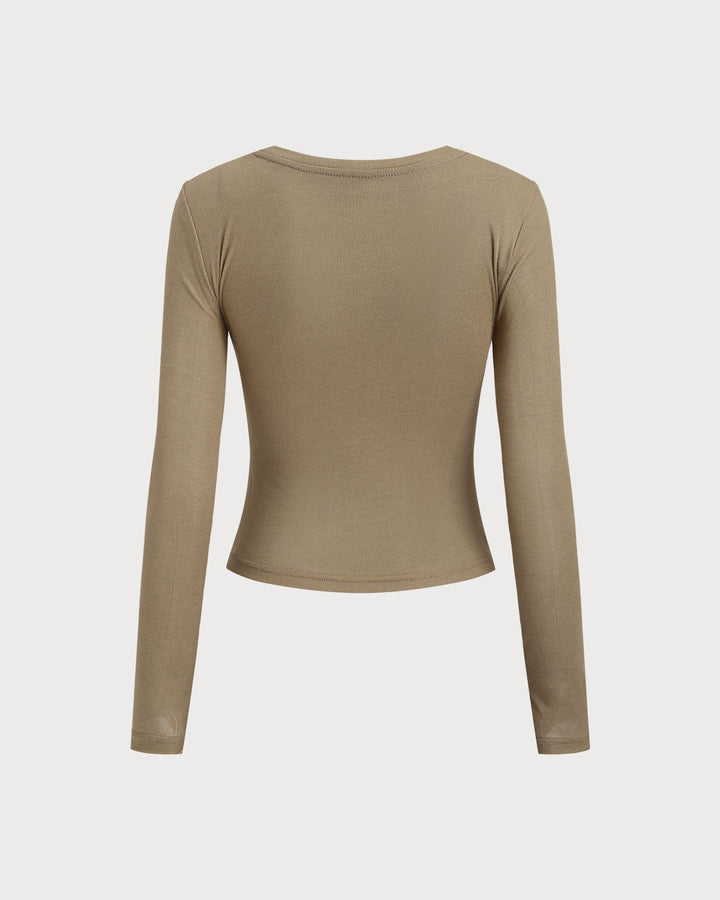 SALE | Khaki Knit Round Neck Ruched Tee