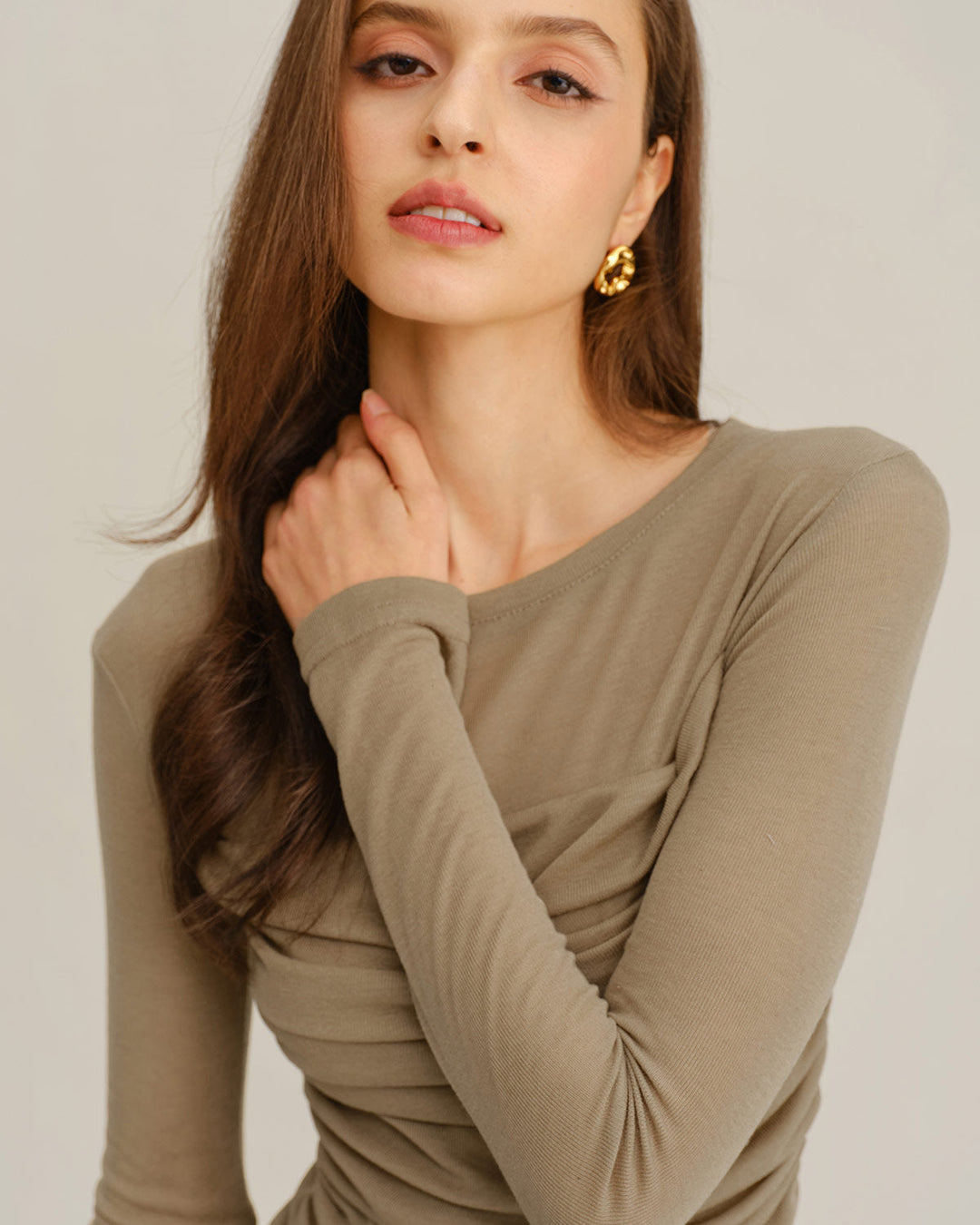 SALE | Khaki Knit Round Neck Ruched Tee