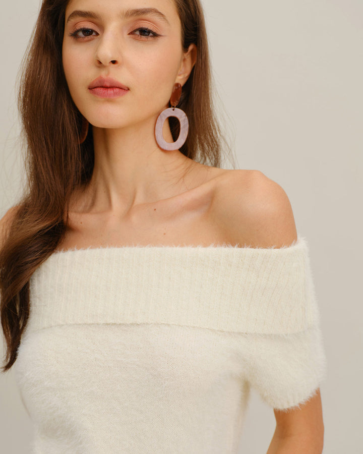 SALE | Beige Off The Shoulder Knit Tee