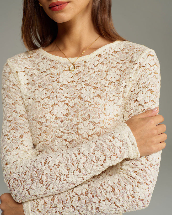 SALE | Beige Boat Neck Lace Tee