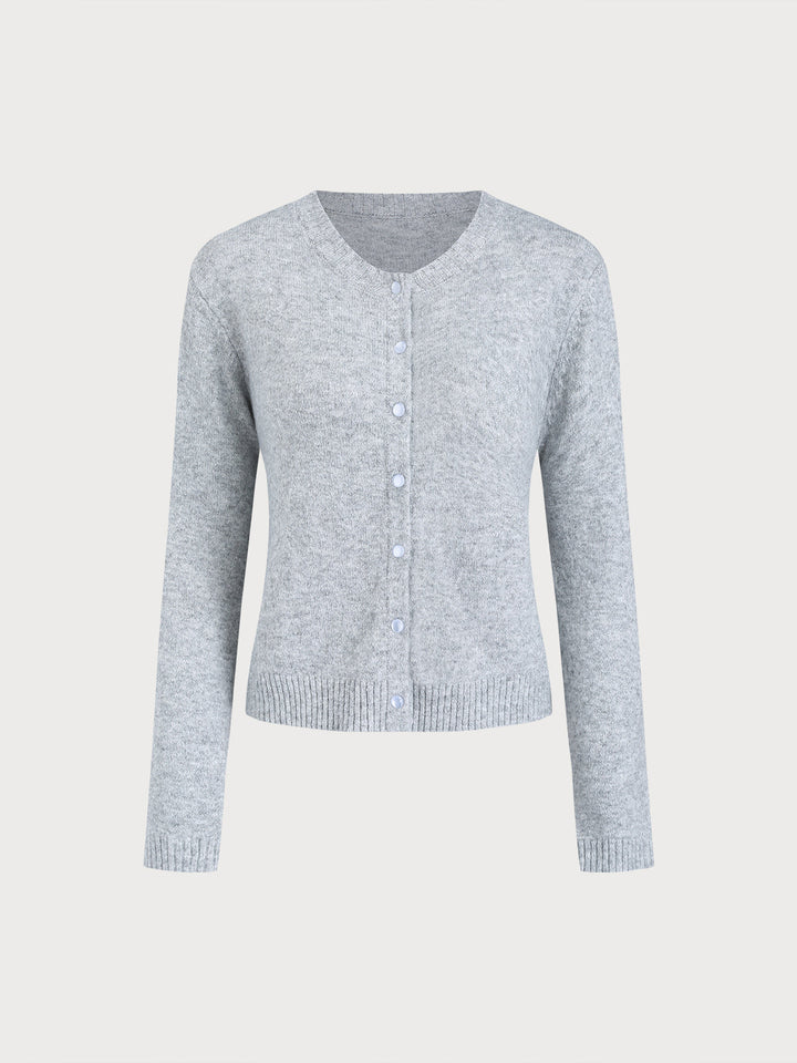 SALE | Grey Round Neck Ribbed Knit Cardigan