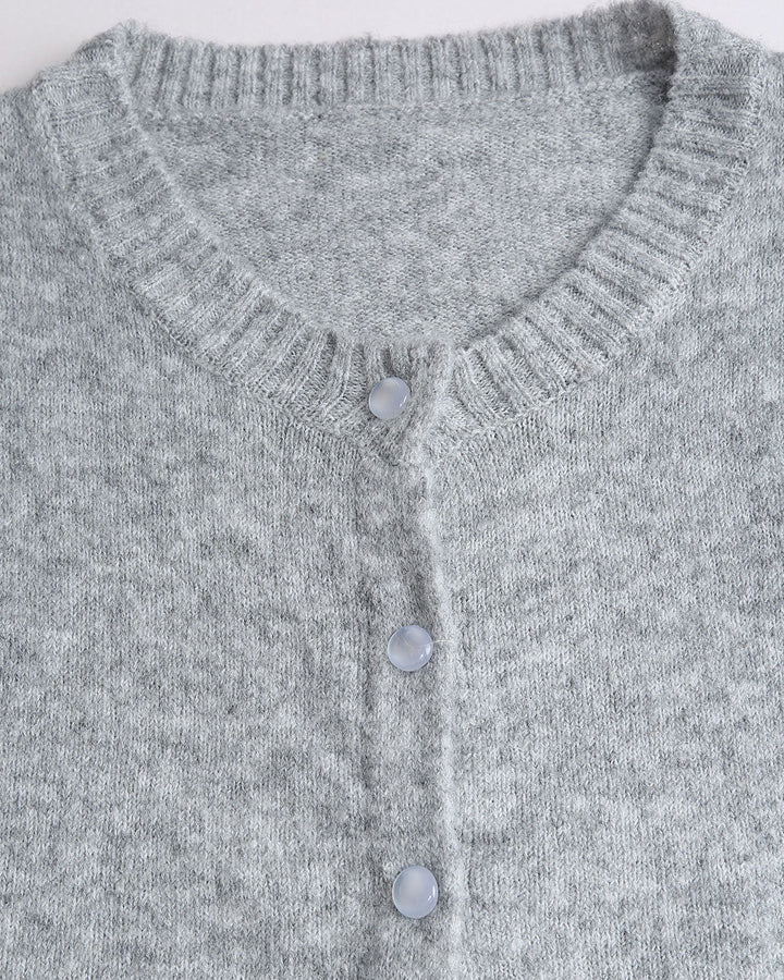 SALE | Grey Round Neck Ribbed Knit Cardigan