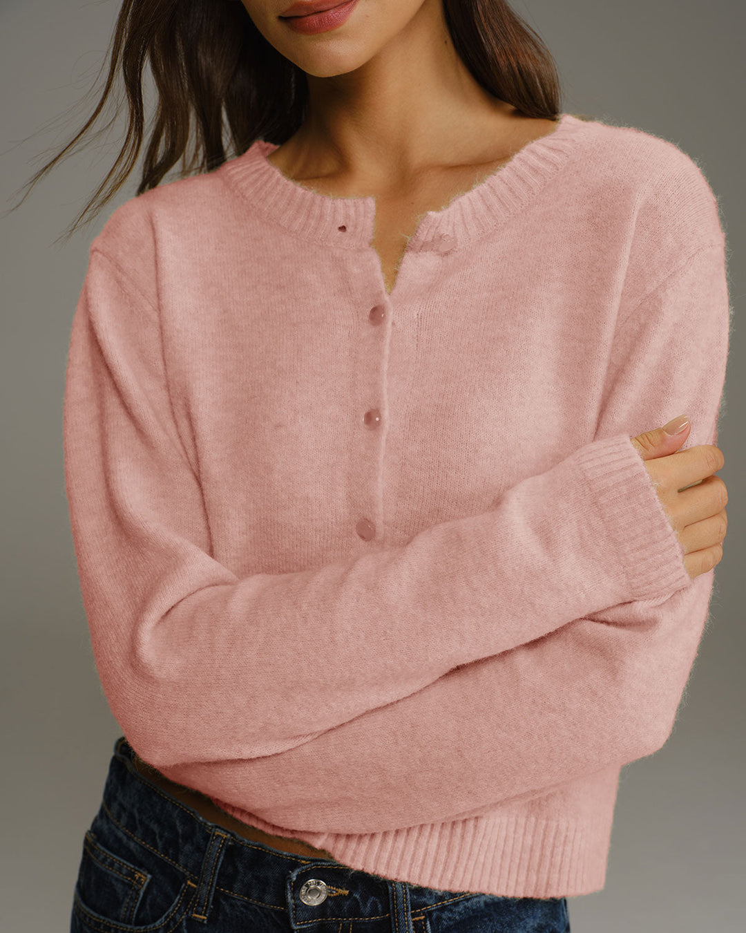 SALE | Pink Knit Cardigan with Round Neck for a Chic and Comfortable Style