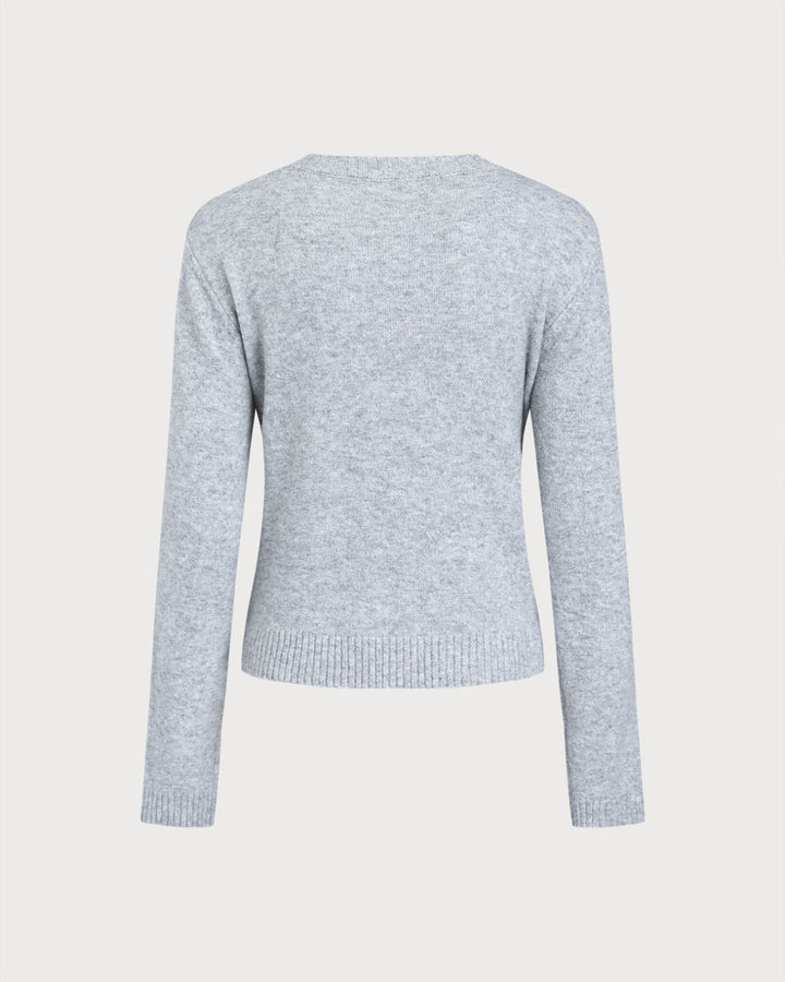 SALE | Grey Round Neck Ribbed Knit Cardigan