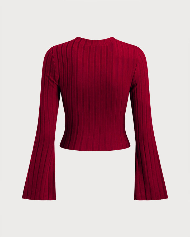 SALE | Eyelash Wine Red Ribbed Knit Bell Sleeve Top for a Stylish Look