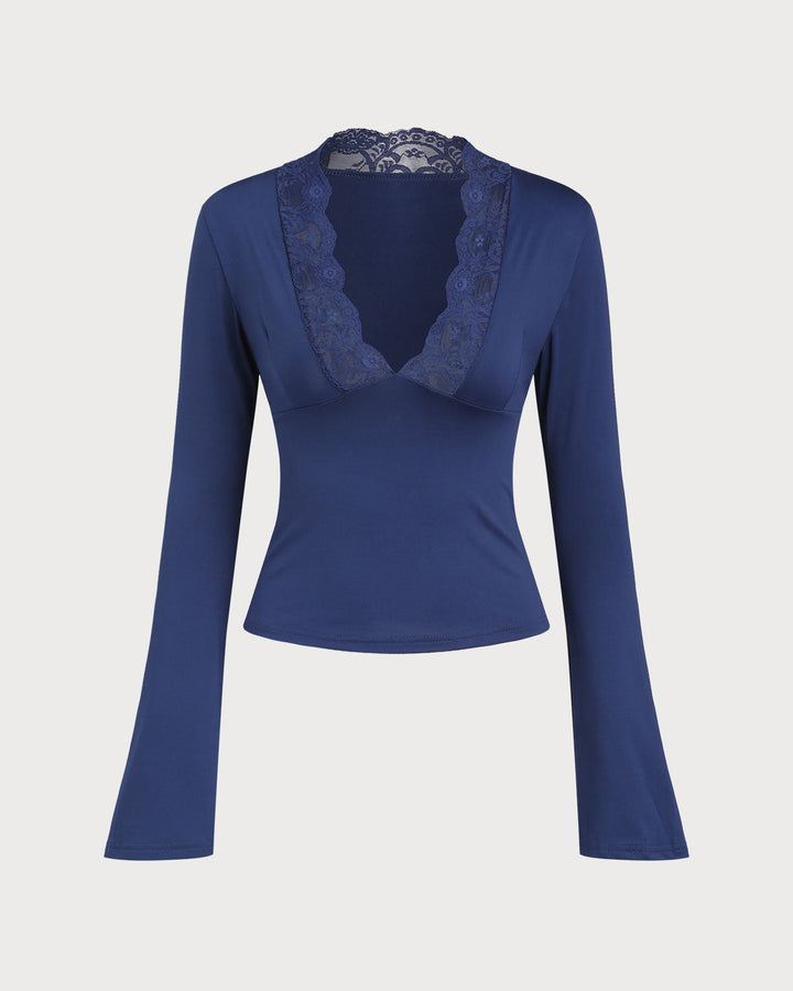 SALE | Blue V Neck Lace Bell Sleeve Tee