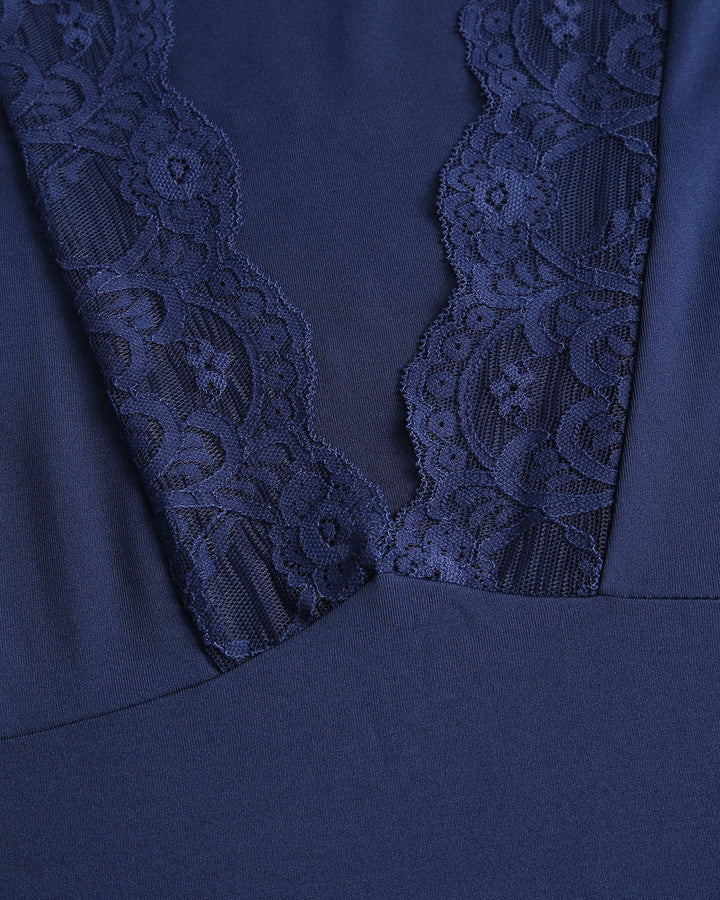 SALE | Blue V Neck Lace Bell Sleeve Tee