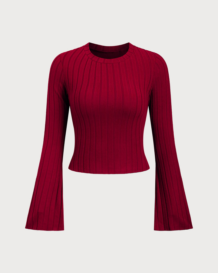 SALE | Eyelash Wine Red Ribbed Knit Bell Sleeve Top for a Stylish Look