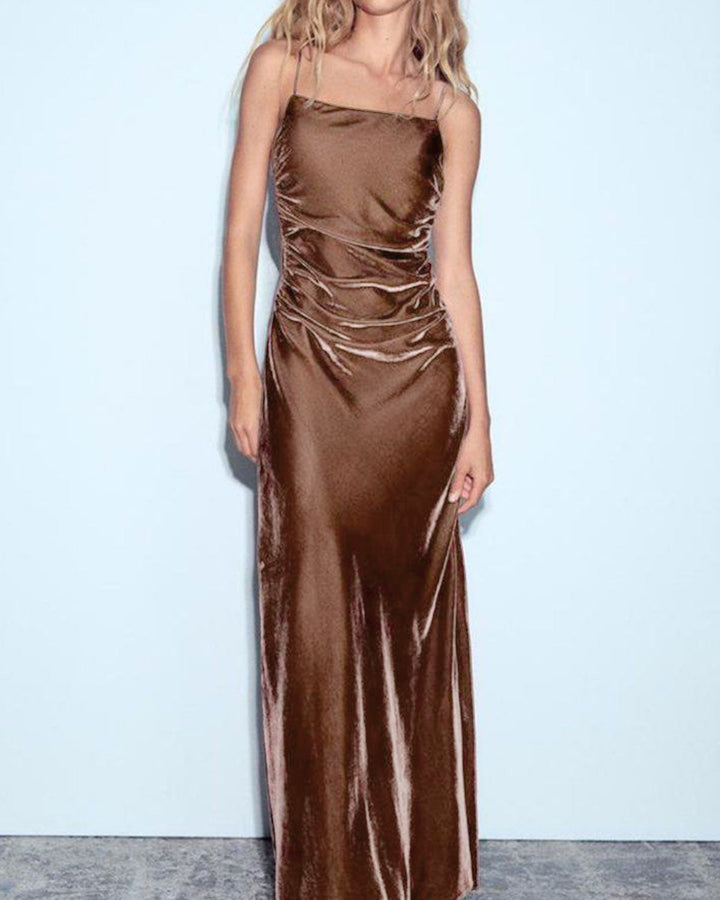 SALE | Brown Velour A-Line Slip Maxi Dress