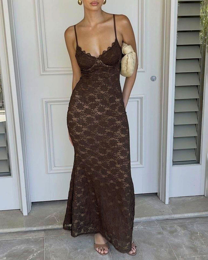 SALE | Coffee Sweetheart Neck Mermaid Maxi Dress