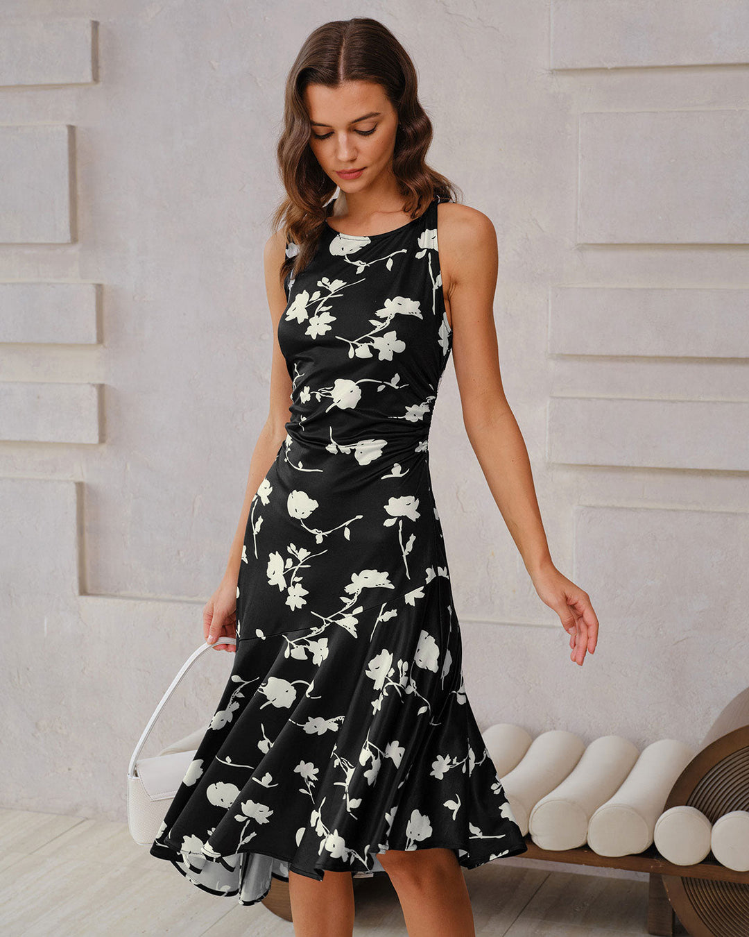 SALE | Black Floral Mermaid Sleeveless Midi Dress