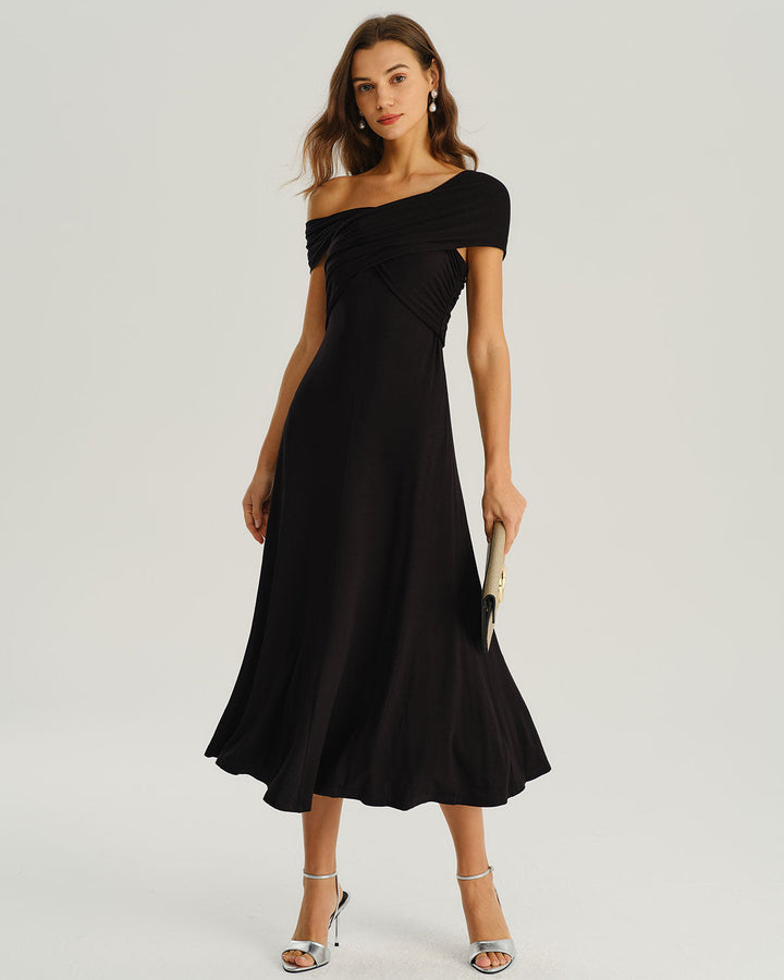 SALE | Black One Shoulder A-Line Midi Dress