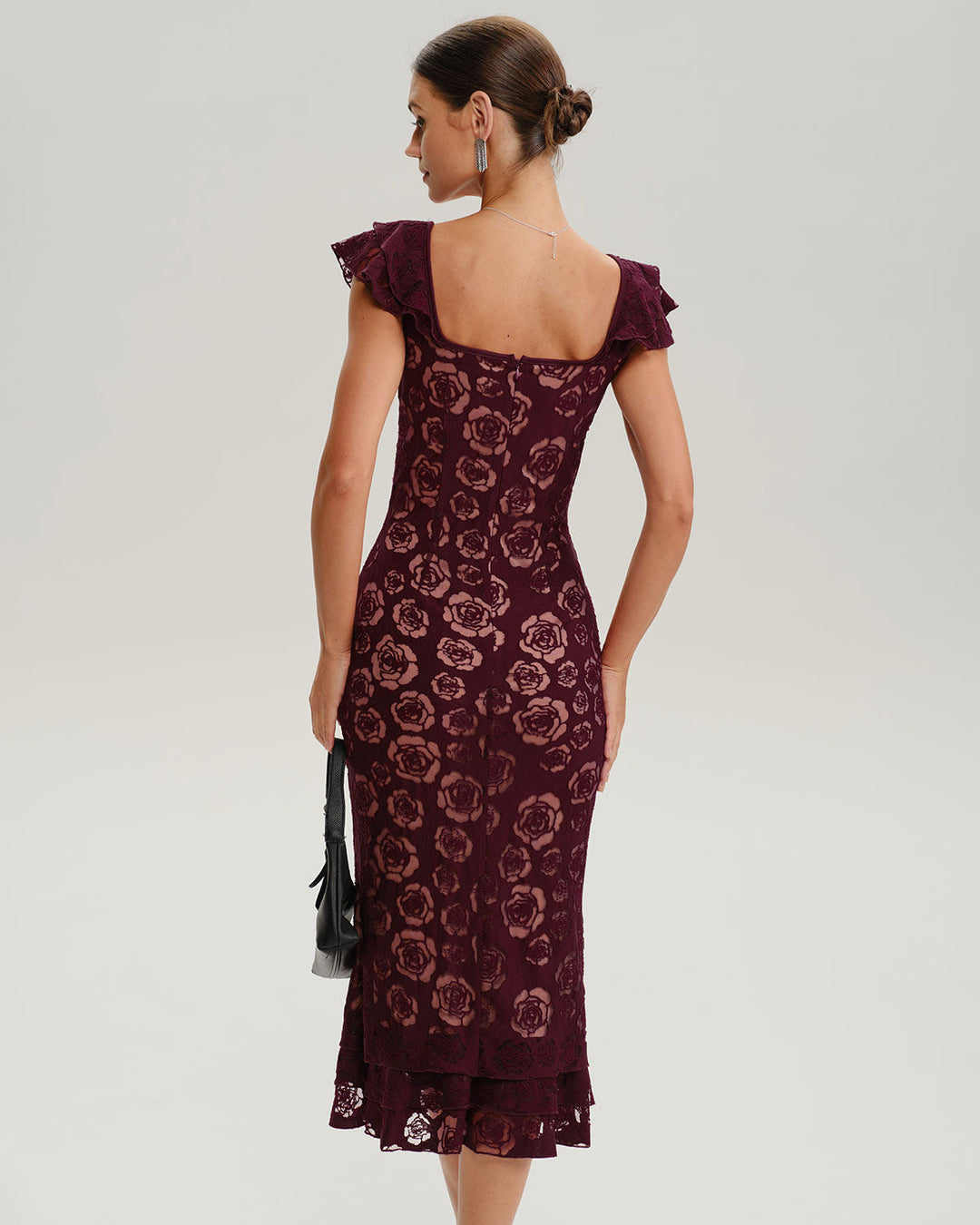SALE | Wine Red Floral Mermaid Midi Dress