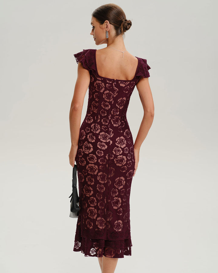 SALE | Wine Red Floral Mermaid Midi Dress