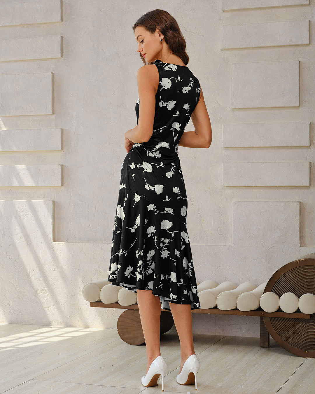 SALE | Black Floral Mermaid Sleeveless Midi Dress