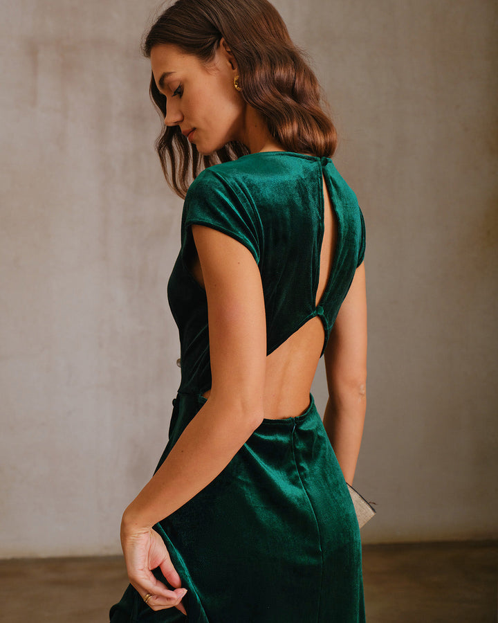 SALE | Green Velour A-Line Midi Dress