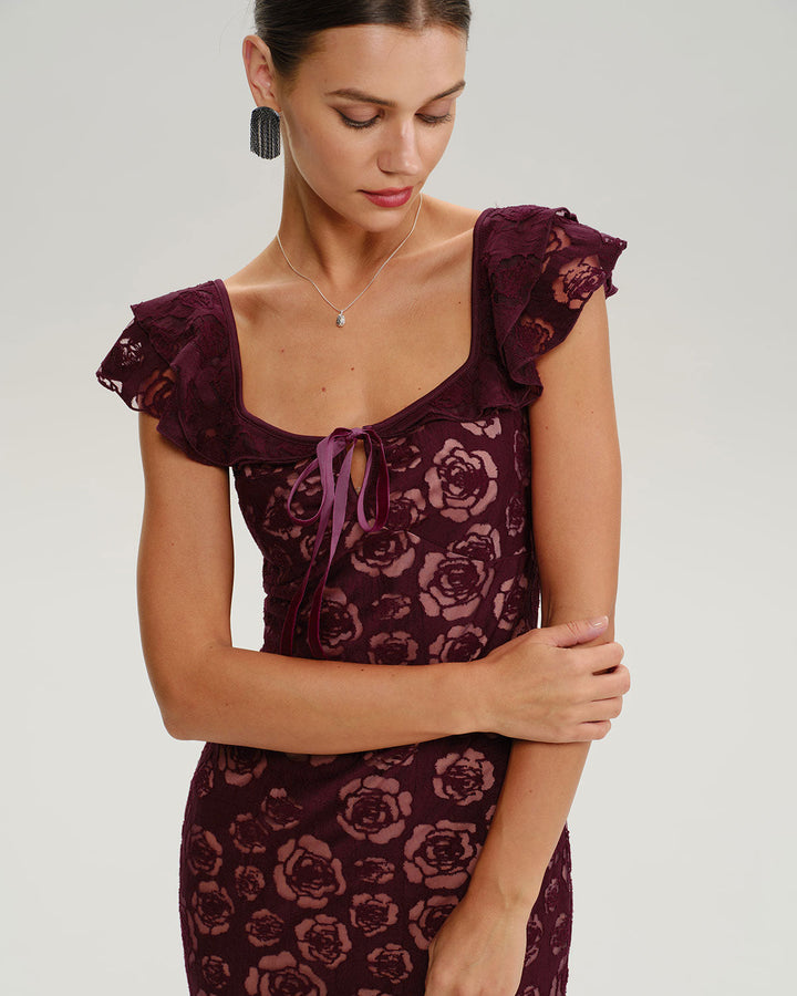 SALE | Wine Red Floral Mermaid Midi Dress