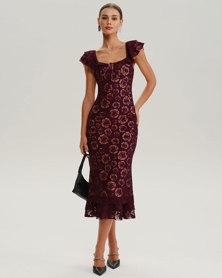 SALE | Wine Red Floral Mermaid Midi Dress