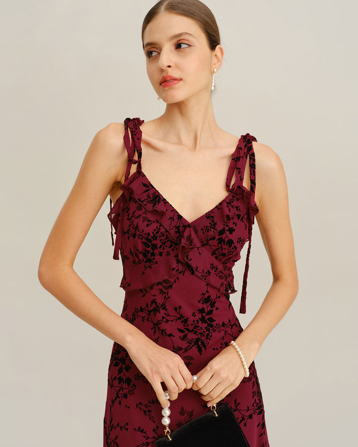 SALE | Red Floral Ruffle Slip Midi Dress