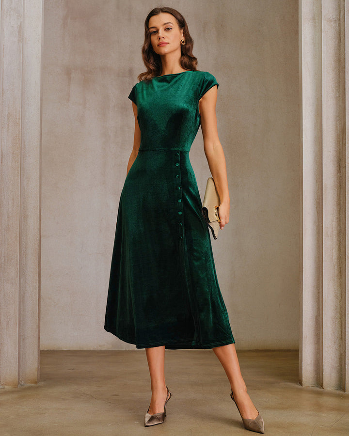 SALE | Green Velour A-Line Midi Dress