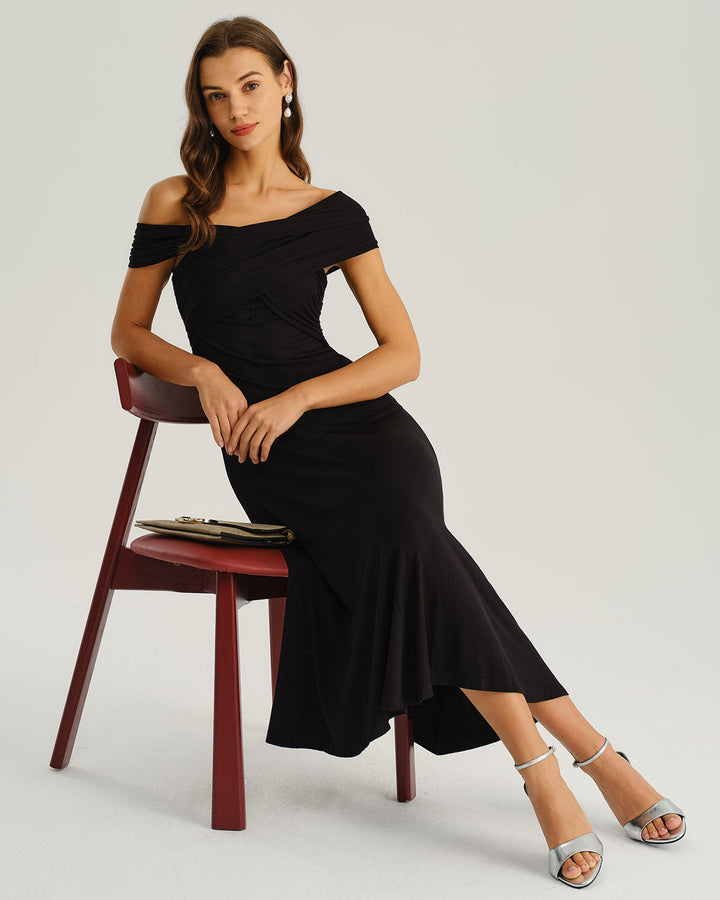 SALE | Black One Shoulder A-Line Midi Dress