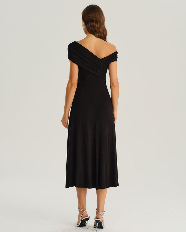 SALE | Black One Shoulder A-Line Midi Dress