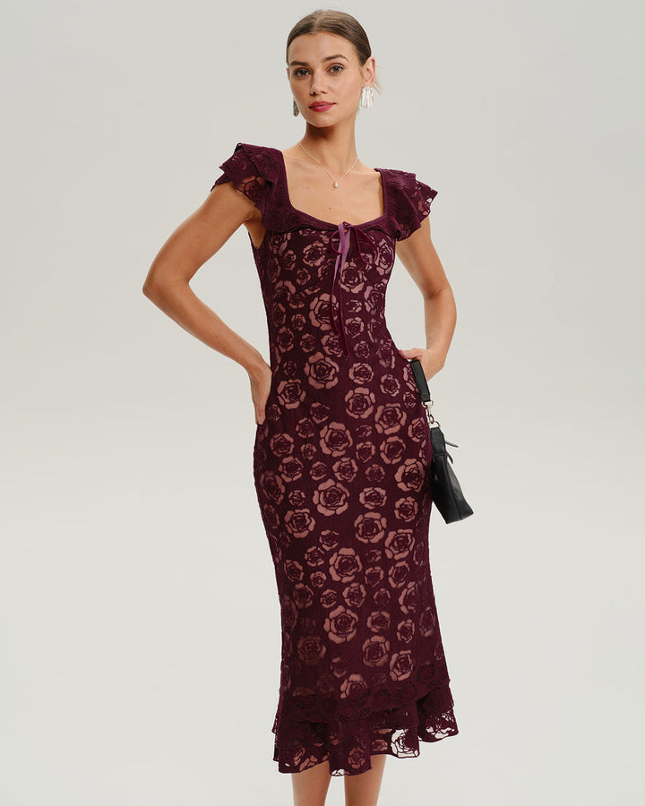 SALE | Wine Red Floral Mermaid Midi Dress