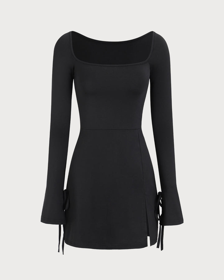 SALE | Black Women's Long Sleeve Mini Dress with Square Neck
