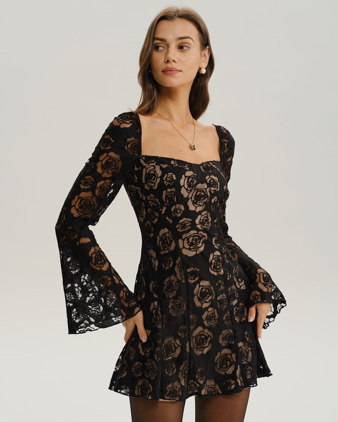SALE | Black See Through Bell Sleeve Mini Dress