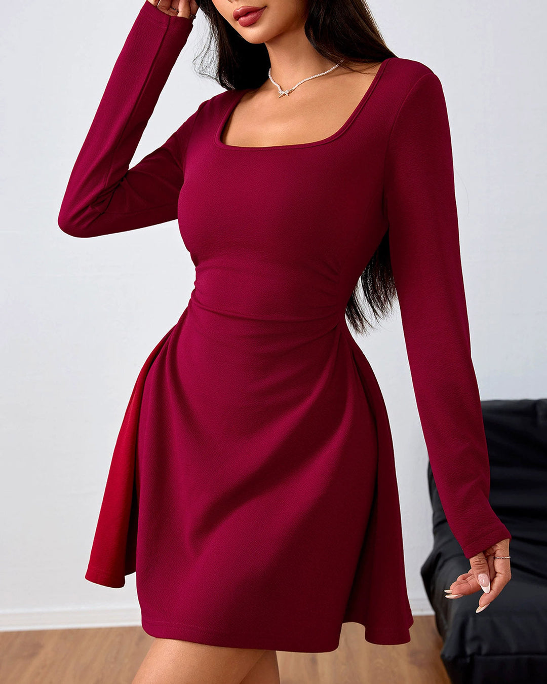 SALE | Wine Red Square Neck A-Line Mini Dress