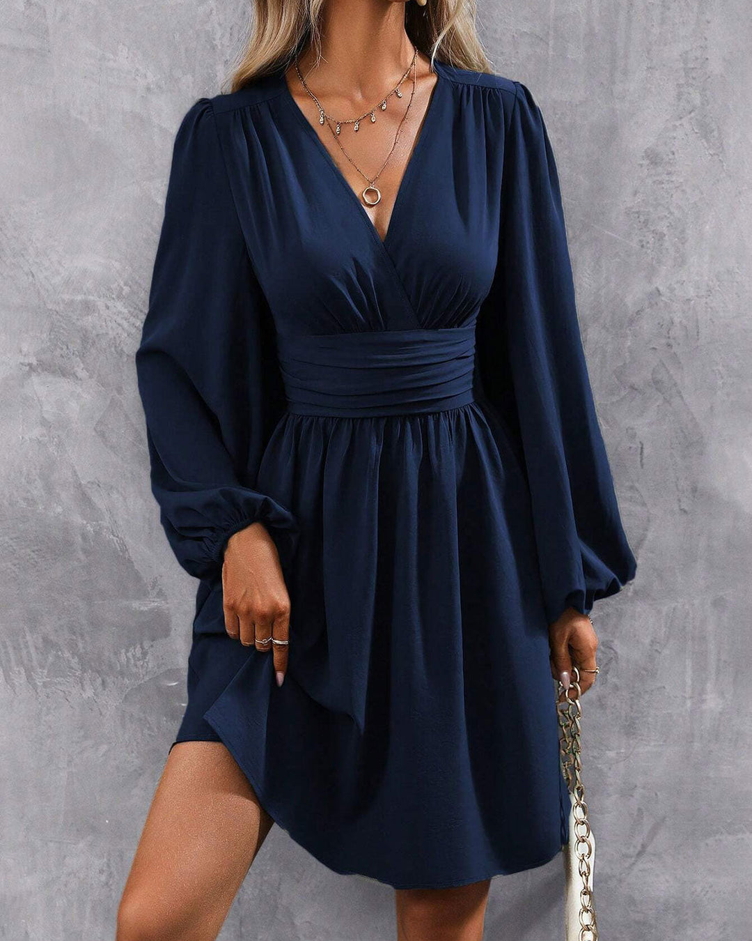 SALE | Blue V Neck Shirred A-Line Mini Dress