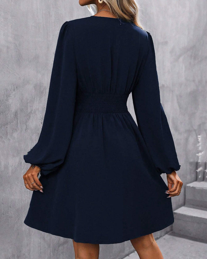 SALE | Blue V Neck Shirred A-Line Mini Dress