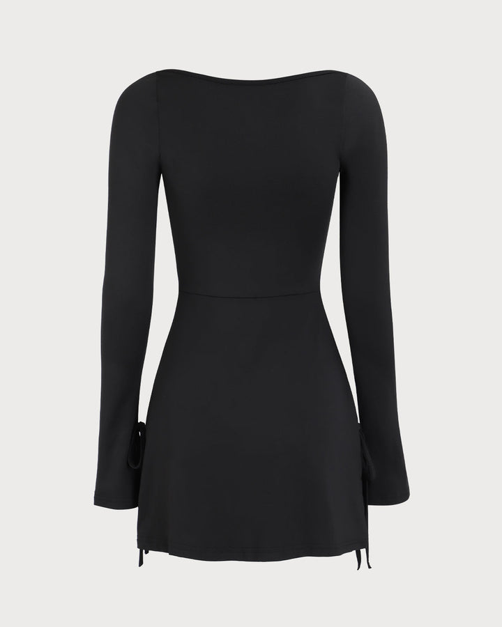 SALE | Black Women's Long Sleeve Mini Dress with Square Neck