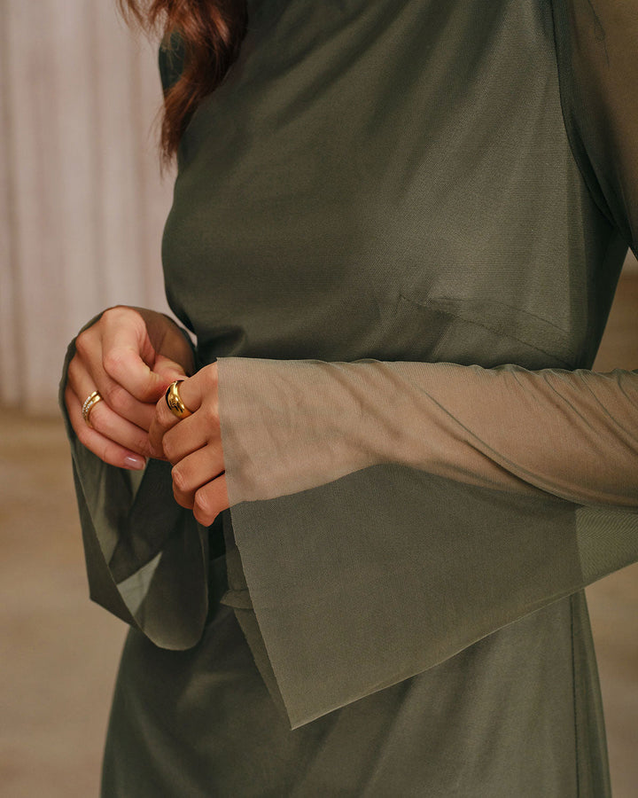 SALE | Green Mesh Boat Neck A-Line Mini Dress