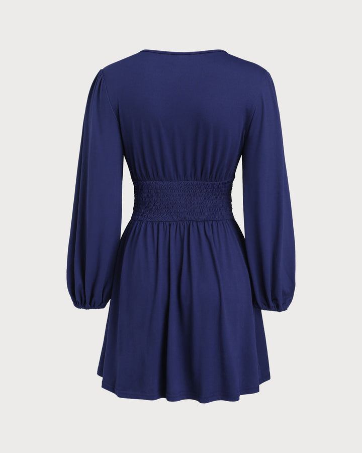 SALE | Blue V Neck Shirred A-Line Mini Dress