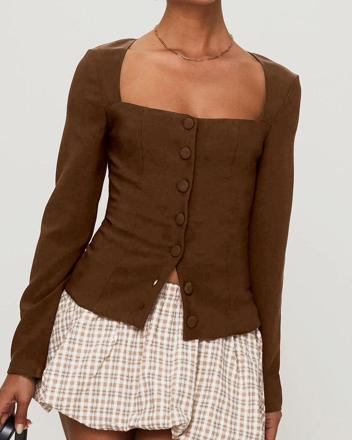 SALE | Brown Square Neck Button Blouse