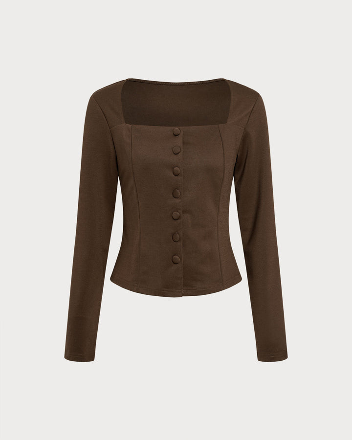 SALE | Brown Square Neck Button Blouse