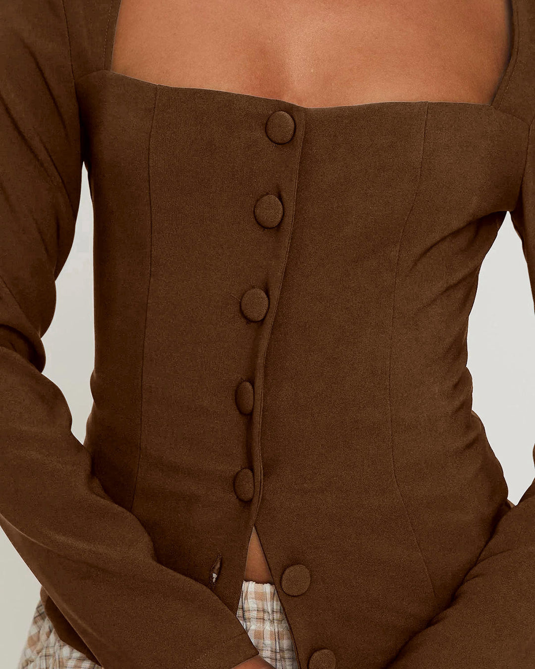 SALE | Brown Square Neck Button Blouse