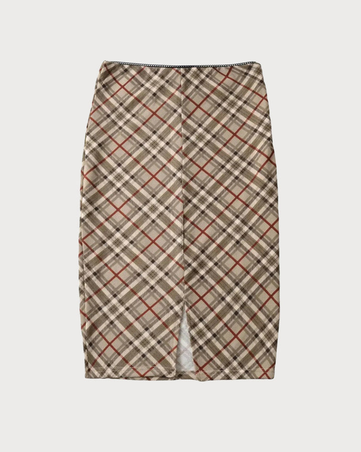 SALE | Khaki Plaid Straight Zipper Midi Skirt
