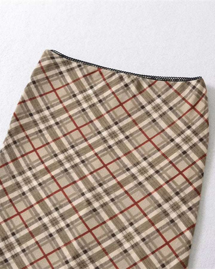 SALE | Khaki Plaid Straight Zipper Midi Skirt