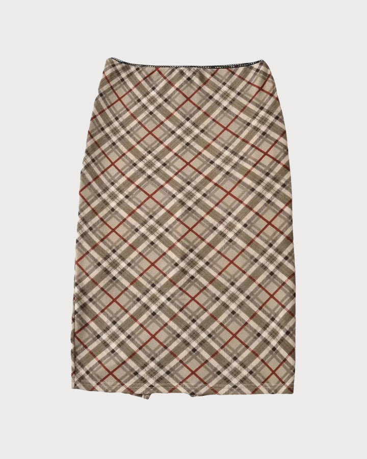 SALE | Khaki Plaid Straight Zipper Midi Skirt