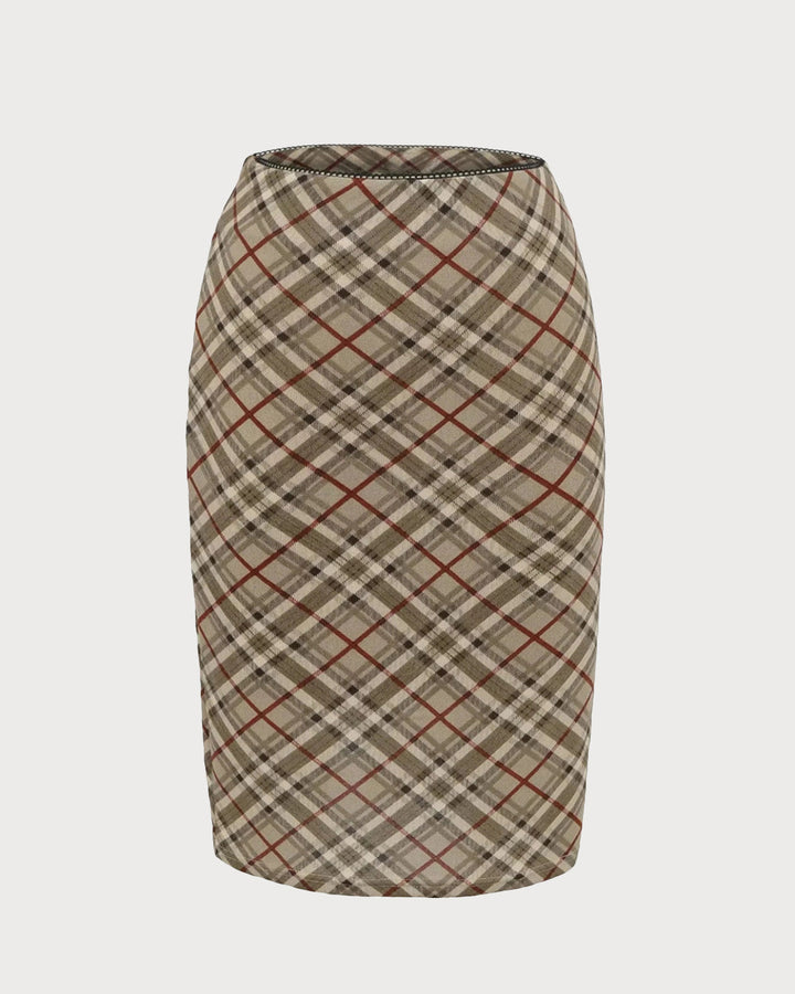 SALE | Khaki Plaid Straight Zipper Midi Skirt